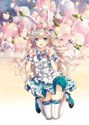 Rule 34 | 1girl, :d, animal ears, aqua eyes, aqua footwear, balloon, blush, bow, bowtie, braid, center frills, commentary, cross-laced footwear, dress, flower, frilled dress, frilled shirt collar, frilled sleeves, frilled thighhighs, frills, hair flower, hair ornament, hairclip, head wreath, layered skirt, long hair, looking at viewer, multicolored bow, narinn, open mouth, original, pocket, puffy short sleeves, puffy sleeves, rabbit ears, rabbit hair ornament, shoes, short sleeves, sidelocks, skirt, smile, solo, symbol-only commentary, thighhighs, very long hair, white background, white bow, white flower, wrist cuffs, zettai ryouiki