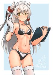 Rule 34 | 1girl, alternate costume, amatsukaze (kancolle), apron, artist logo, bikini, black bikini, blue background, border, breasts, brown eyes, clipboard, commentary request, enmaided, frilled apron, frills, gloves, grey hair, groin, hair tubes, highres, kantai collection, maid, maid bikini, maid headdress, mochizou, nib pen (medium), single glove, small breasts, solo, swimsuit, textless version, thighhighs, traditional media, two-tone background, two side up, unconventional maid, upper body, white border, white gloves, white hair, white thighhighs