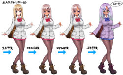 age_progression bimbofication blonde_hair blue_bow blue_hair blue_skirt blush boots bow breasts brown_footwear brown_pantyhose cardigan collared_shirt creatures_(company) dark-skinned_female dark_skin eyeshadow game_freak ganguro gloria_(pokemon) gradient_hair green_hair grey_cardigan gyaru hair_ornament hairclip kogal kuroko_(user_jtty5588) looking_at_viewer makeup medium_breasts multicolored_hair nintendo pantyhose pink_eyeshadow pokemon pokemon_swsh purple_cardigan purple_hair shirt skirt sleeves_past_wrists smile translation_request white_shirt