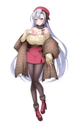 Rule 34 | 1girl, absurdres, bare shoulders, belt, blue eyes, breasts, brown coat, brown pantyhose, cleavage, coat, full body, fur collar, grey hair, hand up, heart, high heels, highres, large breasts, long sleeves, off-shoulder sweater, off shoulder, pantyhose, red footwear, red headwear, ribbed sweater, simple background, smile, solo, standing, sweater, tachi-e, uzura (moimoi), white background