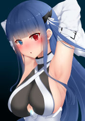 Rule 34 | 1girl, :o, absurdres, armpits, arms behind head, arms up, azur lane, bad id, bad pixiv id, black background, blue eyes, blunt bangs, blush, breasts, chestnut mouth, clothing cutout, corset, detached sleeves, electricity, heterochromia, highres, horn ornament, horn ribbon, horns, ibuki (azur lane), large breasts, long hair, long sleeves, nose blush, open mouth, prophecy (rakuichimonji), red eyes, ribbon, sideboob, sidelocks, simple background, solo, sweat, underboob, underboob cutout, white ribbon