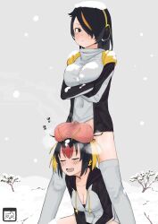 Rule 34 | 2girls, arms under breasts, black hair, blonde hair, blush, breasts, brown eyes, cleavage, closed eyes, closed mouth, covered navel, crossed arms, emperor penguin (kemono friends), futanari, hair over one eye, headphones, highres, kemono friends, large breasts, large testicles, looking at viewer, medium breasts, medium hair, multicolored hair, multiple girls, open mouth, orange hair, outdoors, penis, red hair, rockhopper penguin (kemono friends), short hair, small penis, smile, snow, standing, straysecond, testicles, testicles on head, thighhighs, uncensored