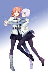 Rule 34 | 2girls, :d, :o, ahoge, ankle boots, arm around waist, belt, belt buckle, black pantyhose, black skirt, boots, brown footwear, buckle, collared shirt, english text, fate/grand order, fate (series), fujimaru ritsuka (female), full body, glasses, gradient background, grey jacket, hair ornament, hair over one eye, hair scrunchie, hand on another&#039;s shoulder, highres, holding hands, hood, hooded jacket, jacket, knee boots, light particles, long hair, long sleeves, looking at viewer, mash kyrielight, midair, miniskirt, multiple girls, one side up, open mouth, orange hair, pantyhose, pink eyes, pink hair, pleated skirt, purple background, scrunchie, shirt, skirt, smile, standing, standing on one leg, track jacket, twitter username, wbfish, white footwear, white shirt, yellow eyes