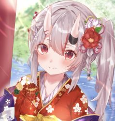 Rule 34 | 1girl, absurdres, alternate costume, blurry, braid, day, depth of field, floral print, flower, french braid, hair flower, hair ornament, highres, hill, hololive, horns, japanese clothes, kanzashi, kimono, lens flare, long hair, looking at viewer, multicolored hair, nakiri ayame, nakiri ayame (new year), nono i831, oni, outdoors, red eyes, red kimono, shawl, side ponytail, sidelocks, silver hair, single braid, skin-covered horns, solo, streaked hair, sunlight, torii, upper body, virtual youtuber, water, yel (ffd9oo)