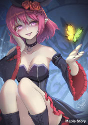 Rule 34 | 1girl, bare shoulders, boots, breasts, bug, butterfly, cleavage, copyright name, cross-laced footwear, dated, dress, flower, hair between eyes, hat, hat flower, head tilt, insect, lace-up boots, looking at viewer, lucid (maplestory), maplestory, medium breasts, parted lips, pink hair, pointy ears, purple eyes, short hair, sitting, smile, solo