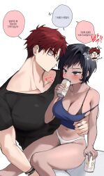 Rule 34 | 1boy, 1girl, absurdres, alcohol, black hair, black shirt, blush, breasts, can, cleavage, collarbone, drinking, hair between eyes, hetero, highres, holding, holding can, korean text, large breasts, off shoulder, original, panties, red hair, shirt, short hair, simple background, sitting, sitting on lap, sitting on person, speech bubble, tank top, timy, translation request, underwear, white background, white panties