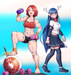 Rule 34 | 2girls, :d, abs, antlers, black shorts, blue background, blue eyes, blue hair, blush, bottle, closed eyes, commentary, crop top, detached sleeves, dumbbell, english commentary, full body, highres, hinome (kamiko), holding, holding bottle, horns, kamiko (game), long hair, mefomefo, miniskirt, multiple girls, muscular, muscular female, open mouth, photoshop (medium), red hair, red sports bra, shield, shirt, short hair, short sleeves, shorts, skirt, smile, sports bra, thighhighs, toes, very long hair, water bottle, white background, white shirt, yamato (kamiko)