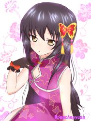 Rule 34 | 10s, 1girl, black gloves, black hair, brown eyes, butterfly hair ornament, china dress, chinese clothes, cleavage cutout, clothing cutout, commentary request, dress, floral background, girls und panzer, gloves, hair ornament, light frown, long hair, looking at viewer, no hairband, pamchapyuzu, parted lips, print dress, purple dress, reizei mako, side slit, sitting, sleeveless, sleeveless dress, solo, twitter username, upper body