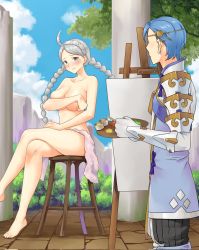Rule 34 | 1boy, 1girl, barefoot, blue eyes, blue hair, blush, braid, breasts, clothed male nude female, covering privates, covering breasts, fire emblem, fire emblem fates, highres, igni tion, large breasts, modeling, nina (fire emblem), nintendo, nude, nude cover, nude modeling, painting (action), shigure (fire emblem), twin braids, white hair