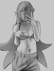 Rule 34 | 1girl, bikini, bikini top only, breasts, cellphone, commentary, english commentary, greyscale, highres, holding, holding phone, jewelry, long hair, monochrome, o-ring, o-ring bikini, original, pants, phone, rida (vibrantrida), ring, small breasts, smartphone, solo, sweatpants, swimsuit, very long hair, vibrantrida