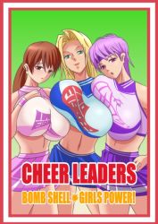 Rule 34 | 3girls, ayane (doa), blonde hair, cheerleader, dead or alive, ema (emaura), frown, green background, kasumi (doa), multiple girls, ponytail, simple background, smile, tecmo, tina armstrong