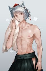Rule 34 | 1boy, abs, absurdres, animal ears, closed mouth, cowboy shot, genderswap, genderswap (ftm), grey background, grey hair, hat, highres, holding, holding towel, inubashiri momiji, looking at viewer, male focus, muscular, muscular male, nanaironokabi, nipples, pectorals, pom pom (clothes), red eyes, red hat, short hair, simple background, solo, standing, steam, sweat, tokin hat, topless male, touhou, towel, wolf ears
