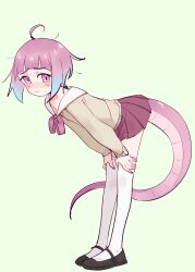 Rule 34 | 1girl, absurdres, ahoge, bent over, blue hair, blush, brown sweater, commentary, dragon girl, dragon tail, eds, english commentary, full body, gradient hair, hands on own knees, highres, loose hair strand, miniskirt, monster girl, multicolored hair, original, pink eyes, pink hair, pleated skirt, sailor collar, skirt, solo, sweater, tail, thighhighs, white sailor collar, white thighhighs