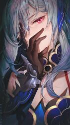 Rule 34 | 1girl, absurdres, arm armor, artist name, bare shoulders, black background, black gloves, blue dress, blue hair, breasts, cleavage, commentary, dress, gloves, gold trim, grey hair, hair between eyes, hand on own face, hand up, heikokuru1224, highres, honkai: star rail, honkai (series), jewelry, jingliu (honkai: star rail), large breasts, long hair, looking at viewer, multicolored hair, red eyes, ring, sidelocks, simple background, solo, symbol-only commentary, two-tone hair