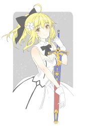 Rule 34 | 1girl, ahoge, artoria pendragon (all), artoria pendragon (fate), bad id, bad twitter id, black bow, blonde hair, blush, bow, breasts, caliburn (fate), cleavage, dress, fate/unlimited codes, fate (series), flower, gloves, green eyes, hair bow, hair flower, hair ornament, highres, holding, holding sword, holding weapon, lily (flower), medium breasts, ponytail, saber lily, sheath, sheathed, shiosoda, sidelocks, smile, solo, strapless, strapless dress, sword, weapon, white dress, white gloves