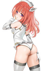 Rule 34 | 1girl, absurdres, aikawa aika, alice gear aegis, ass, bare shoulders, blush, closed mouth, commentary request, detached sleeves, gloves, grey thighhighs, hand up, head tilt, headgear, highres, long hair, long sleeves, looking at viewer, looking back, panties, puffy long sleeves, puffy sleeves, purple eyes, red hair, shirt, simple background, sleeveless, sleeveless shirt, solo, sunga2usagi, sweat, thighhighs, underwear, white background, white gloves, white panties, white shirt, white sleeves