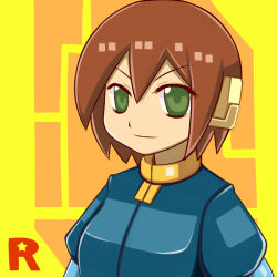 Rule 34 | 1girl, aile (mega man zx), breasts, brown hair, commentary request, green eyes, jacket, robot ears, mega man (series), mega man zx, shin ala, short hair, smile, solo