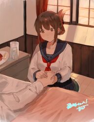 Rule 34 | 1boy, 1girl, absurdres, admiral (kancolle), brown eyes, brown hair, commission, highres, holding hands, inazuma (kancolle), indoors, kantai collection, looking at another, lying, neckerchief, on back, red neckerchief, school uniform, serafuku, shishamo (domado), sitting, skeb commission, smile, solo focus, twilight