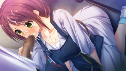 Rule 34 | 1boy, 1girl, apron, artist request, blush, censored, character request, cum, cum in mouth, cum on hair, cum on upper body, facial, fellatio, game cg, green eyes, hairclip, hetero, long hair, mosaic censoring, oral, penis, red hair, seiza, sitting, source request, tagme