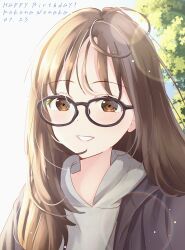 Rule 34 | 1girl, :d, absurdres, ahoge, animification, black-framed eyewear, black jacket, blush, brown eyes, brown hair, character name, choppy bangs, commentary, dated, glasses, grey hoodie, grin, happy birthday, highres, hood, hood down, hoodie, jacket, lens flare, light particles, long hair, nonaka kokona, open clothes, open jacket, open mouth, real life, sidelighting, smile, solo, tree, upper body, voice actor, yutuki ame