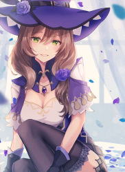 Rule 34 | 1girl, :d, black gloves, blurry, breasts, brown hair, cleavage, collarbone, commentary request, curtains, depth of field, eyes visible through hair, falling petals, genshin impact, gloves, green eyes, hair between eyes, hat, highres, lisa (genshin impact), long hair, looking at viewer, medium breasts, open mouth, petals, short sleeves, sidelocks, smile, solo, suzumori (su2525), vision (genshin impact), window, witch hat