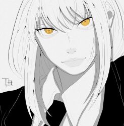 Rule 34 | 1girl, absurdres, black suit, chainsaw man, closed mouth, female focus, formal, gcj, highres, lineart, long hair, looking at viewer, makima (chainsaw man), monochrome, necktie, simple background, smile, solo, suit, white background, yellow eyes