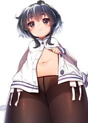 Rule 34 | 1girl, absurdres, bikini, bikini under clothes, black hair, black pantyhose, blush, breasts, breath, buttons, clothes pull, female focus, from below, hat, heart, highres, kantai collection, looking at viewer, medium breasts, micro bikini, mini hat, navel, pantyhose, pantyhose pull, partially unbuttoned, purple eyes, shirt, short hair with long locks, simple background, smile, solo, sweat, swimsuit, tokitsukaze (kancolle), white background, white shirt, yufukiri