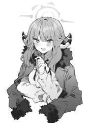 Rule 34 | 1girl, :d, aru (blue archive), blue archive, blush, breasts, collared shirt, cropped torso, dress shirt, fur-trimmed jacket, fur-trimmed sleeves, fur trim, greyscale, hair between eyes, halo, horns, ikeuchi tanuma, jacket, jacket on shoulders, long sleeves, looking at viewer, medium breasts, monochrome, neck ribbon, open mouth, puffy long sleeves, puffy sleeves, ribbon, shirt, simple background, small sweatdrop, smile, solo, sweat, upper body, v-shaped eyebrows, white background