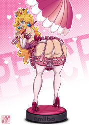 Rule 34 | 1girl, amiibo, arched back, ass, bare shoulders, bent over, blue eyes, blush, breasts, bridal gauntlets, cameltoe, clothes lift, crown, dress, dress lift, earrings, female focus, finger to mouth, from behind, full body, garter belt, gradient background, halftone, halftone background, heart, heart-shaped pupils, high heels, highres, huge ass, jewelry, kogeikun, looking at viewer, looking back, mario (series), nintendo, one eye closed, open mouth, panties, pantyshot, princess peach, smile, solo, super mario bros. 1, symbol-shaped pupils, thighhighs, thong, umbrella, underwear, white background, white thighhighs, wink