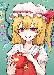 Rule 34 | 1girl, absurdres, apple, ascot, bad arm, bad perspective, blonde hair, blue background, bow, crystal, flandre scarlet, food, frilled shirt collar, frills, fruit, hat, hat ribbon, highres, medium hair, mob cap, one side up, puffy short sleeves, puffy sleeves, red bow, red eyes, red ribbon, red skirt, red vest, ribbon, shirt, short sleeves, simple background, skirt, smile, solo, touhou, vest, wd0706, white shirt