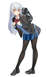 Rule 34 | 1girl, absurdres, bag, black bag, black footwear, black jacket, black pantyhose, blazer, blue skirt, blue sweater, blush, bow, bowtie, buttons, chinese commentary, collared shirt, commentary, duffel bag, full body, goumudan, hair between eyes, highres, holding strap, jacket, leaning forward, loafers, long hair, long sleeves, looking at viewer, miniskirt, original, otonokizaka school uniform, pantyhose, pleated skirt, red bow, red bowtie, red eyes, school bag, school uniform, shirt, shoes, sidelocks, silver hair, simple background, skirt, smile, solo, standing, striped bow, striped bowtie, striped clothes, striped neckwear, sweater, v-neck, white background, white shirt, wing collar