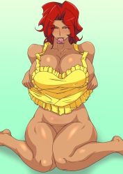 Rule 34 | 1girl, apron, apron lift, blush, breasts, cleavage, clothes lift, condom, condom in mouth, condom wrapper, covering privates, curvy, dark-skinned female, dark skin, greco roman (spiral brain), gundam, gundam 08th ms team, hip focus, huge breasts, karen joshua, kneeling, large breasts, mouth hold, naked apron, red hair, smile, solo, thick thighs, thighs, wide hips