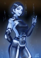 Rule 34 | 1girl, absurdres, animification, arm behind back, blue background, blue eyes, blue hair, blue lips, blue skin, bodysuit, breasts, colored skin, from side, hair behind ear, halo (series), halo infinite, highres, hologram, juaag acgy, medium breasts, open mouth, short hair, smile, snapping fingers, solo, the weapon (halo infinite)