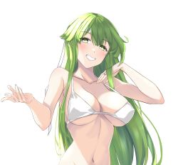 Rule 34 | 1girl, bare arms, bare shoulders, bikini, blush, breasts, chuu (rinet), collarbone, commentary request, fire emblem, fire emblem: shadow dragon and the blade of light, green eyes, green hair, grin, hands up, highres, jewelry, large breasts, long hair, looking at viewer, navel, nintendo, palla (fire emblem), ring, simple background, smile, solo, stomach, swimsuit, upper body, very long hair, white background, white bikini