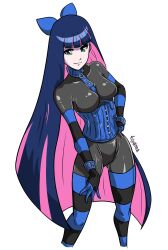 Rule 34 | 1girl, absurdres, black bodysuit, blue hair, bodysuit, bodysuit under clothes, collar, colored inner hair, commission, corset, cuffs, elbow gloves, gloves, green eyes, hair ribbon, hand on own hip, hand on own thigh, highres, latex, latex bodysuit, long hair, looking at viewer, multicolored hair, panty &amp; stocking with garterbelt, pink hair, ribbon, shiny clothes, signature, skin tight, solo, stocking (psg), striped clothes, striped gloves, striped thighhighs, thighhighs, tiyamamashuu, two-tone hair, variant set, very long hair, white background