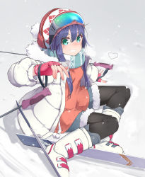 Rule 34 | 1girl, black pantyhose, blue hair, commentary, dress, fingerless gloves, fur, gloves, goggles, green eyes, green shorts, grin, hat, heart, highres, jacket, lavie, long hair, long sleeves, looking at viewer, orange dress, original, pantyhose, pink gloves, red hat, shorts, skiing, smile, snow, solo, white jacket