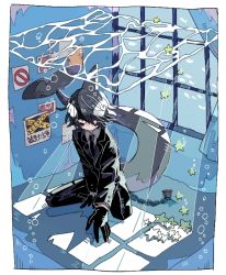 Rule 34 | 1boy, bad id, bad pixiv id, black footwear, black gloves, black hair, black jacket, black necktie, black pants, bubble, caution tape, chain, curtains, dress shoes, fins, fish, fish tail, formal, funamusea, gloves, ice scream, idate, jacket, keep out, male focus, necktie, okotatsu (akio), one eye covered, pants, red eyes, shaded face, shark fin, shark tail, shirt, solo, star (symbol), submerged, suit, tail, underwater, water, white shirt, window