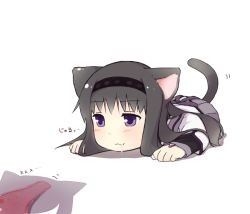 Rule 34 | 10s, 1girl, :3, akemi homura, all fours, animal ears, bad id, bad pixiv id, black hair, blush, cat ears, cat tail, chibi, dot nose, drooling, hairband, kemonomimi mode, kyubey, long hair, magical girl, mahou shoujo madoka magica, mahou shoujo madoka magica (anime), only norisu, panties, pink panties, purple eyes, shadow, simple background, solo, tail, taunting, transparent background, underwear, white background