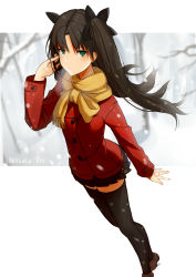 Rule 34 | 1girl, absurdres, arm at side, black ribbon, black thighhighs, blurry, blurry background, brown footwear, brown hair, character name, closed mouth, coat, command spell, depth of field, fate/stay night, fate (series), green eyes, hair ribbon, hand up, highres, long hair, long sleeves, looking at viewer, miniskirt, mizu (dl7613), motion blur, parted bangs, pleated skirt, red coat, ribbon, scarf, shoes, skirt, snowing, solo, standing, thighhighs, tohsaka rin, two side up, winter, winter clothes, winter coat, yellow scarf, zettai ryouiki