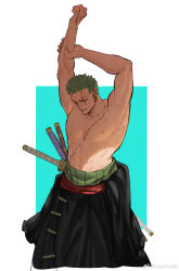 Rule 34 | 1boy, abs, arms up, bara, clothes down, facial hair, feet out of frame, green hair, highres, large pectorals, long sideburns, male focus, mcbuckwheat, muscular, muscular male, nipples, one piece, pectorals, roronoa zoro, scar, sheath, sheathed, short hair, sideburns, sideburns stubble, solo, standing, stretching, stubble, sweat, topless male, very sweaty