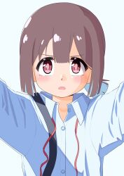 Rule 34 | 1girl, absurdres, blue hair, blunt bangs, blunt ends, brown eyes, brown hair, commentary, dress shirt, happyundergate, highres, hozuki momiji, light blush, looking at viewer, neck ribbon, onii-chan wa oshimai!, open mouth, reaching, reaching towards viewer, red ribbon, ribbon, school uniform, serious, shirt, short hair, short ponytail, simple background, solo, suspenders, undone neck ribbon, upper body, white background, white shirt, wing collar