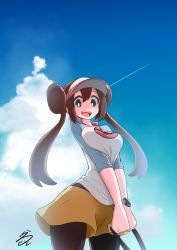Rule 34 | 1girl, absurdres, black pantyhose, blouse, blue eyes, brown hair, cloud, contrail, creatures (company), day, double bun, female focus, game freak, hair bun, highres, long hair, nintendo, not on shana, open mouth, outdoors, pantyhose, poke ball symbol, pokemon, pokemon bw2, rosa (pokemon), shirt, short shorts, shorts, smile, solo, standing, twintails, visor cap, watch, white shirt