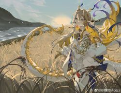 Rule 34 | 1girl, absurdres, arknights, artist name, backlighting, bare shoulders, beads, bingtang zouzi btzz, blonde hair, blue eyes, closed mouth, collarbone, colored skin, dragon girl, dragon horns, dragon tail, earrings, feet out of frame, floating hair, grey hair, hair between eyes, hair intakes, hand on own chest, hand up, highres, horns, jacket, jewelry, light smile, long hair, long sleeves, looking at viewer, necklace, off shoulder, open clothes, open jacket, outdoors, pants, plant, pointy ears, purple hair, purple horns, river, rural, shu (arknights), solo, split mouth, standing, tail, very long hair, watermark, weibo logo, white horns, white jacket, white pants, white tail, yellow horns, yellow tail
