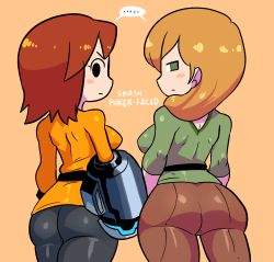 Rule 34 | ..., 2girls, :|, alex (minecraft), arm cannon, ass, black eyes, black pants, blonde hair, blush stickers, brown hair, brown pants, closed mouth, cowboy shot, from behind, green eyes, green shirt, hair over shoulder, highres, jitome, long hair, looking at viewer, looking back, mii gunner, minecraft, multiple girls, nintendo, pants, rariatto (ganguri), shared speech bubble, shirt, simple background, speech bubble, spoken ellipsis, super smash bros., symbol-only commentary, weapon, yellow background, yellow shirt