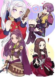 Rule 34 | 4girls, ararecoa, bernadetta von varley, bike shorts, blonde hair, boots, bracelet, brown hair, candy, closed mouth, comb, dorothea arnault, dress, earrings, eating, edelgard von hresvelg, facial mark, fire emblem, fire emblem: three houses, food, gloves, highres, holding, holding sword, holding weapon, jewelry, knee boots, long hair, long sleeves, multiple girls, nintendo, open mouth, petra macneary, ponytail, purple eyes, purple hair, short dress, simple background, sword, weapon, yellow gloves
