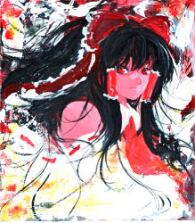 Rule 34 | 1girl, bare shoulders, black hair, bow, collar, colored skin, detached sleeves, expressionless, female focus, hair bow, hair tubes, hakurei reimu, long sleeves, looking at viewer, red bow, red eyes, red skin, sidelocks, solo, tomasu, touhou, tsurukame, upper body, vest