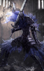 Rule 34 | 1boy, absurdres, armor, artorias the abysswalker, cape, dark souls (series), dark souls i, fantasy, full armor, haikei (le gris no9), highres, holding, holding sword, holding weapon, looking to the side, male focus, open hand, over shoulder, solo, sword, torn cape, torn clothes, weapon, weapon over shoulder