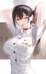 Rule 34 | 1girl, arms up, black choker, black hair, blurry, blurry background, blush, bra visible through clothes, breasts, buttons, choker, commentary, hair between eyes, half-closed eyes, hands in hair, hat, highres, kfr, large breasts, lips, long hair, looking at viewer, name tag, nurse, nurse cap, open mouth, original, purple eyes, see-through, shirt, short sleeves, solo, straight hair, sweat, upper body, white hat, white shirt, wing collar