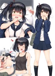 Rule 34 | 10s, 1boy, 1girl, ^^^, admiral (kancolle), alternate hairstyle, arrow (symbol), artistic error, ass, asymmetrical hair, bad id, bad twitter id, bag, bare arms, bare shoulders, black hair, black socks, blazer, blue jacket, blue skirt, blush, breasts, brown eyes, cameltoe, closed eyes, collarbone, comic, commentary, covered erect nipples, covering own mouth, from behind, grabbing, grabbing another&#039;s breast, hair ribbon, head tilt, hetero, ichikawa feesu, implied sex, isonami (kancolle), jacket, kantai collection, kneehighs, looking at viewer, lying, medium breasts, motion lines, multiple views, navel, on back, on side, open clothes, open jacket, own hands together, panties, pillow, pleated skirt, pov, red ribbon, ribbon, school uniform, serafuku, short hair, side ponytail, skirt, sleeveless, socks, standing, stomach, sweat, tank top, translation request, trembling, unbuttoned, underwear, uniform, upper body, w arms, white panties