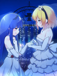 Rule 34 | 2girls, blonde hair, blue eyes, blue hair, blush, breasts, bridal veil, bride, choker, cleavage, dress, elbow gloves, female focus, flower, frilled dress, frills, from side, furude rika, gloves, hair flower, hair ornament, hairband, hand on own chest, hazumi otoya, highres, higurashi no naku koro ni, houjou satoko, jewelry, lily (flower), long hair, medium breasts, multiple girls, necklace, open mouth, pink eyes, ring, short hair, small breasts, smile, strapless, strapless dress, veil, wedding, wedding band, wedding dress, white dress, white gloves, yuri